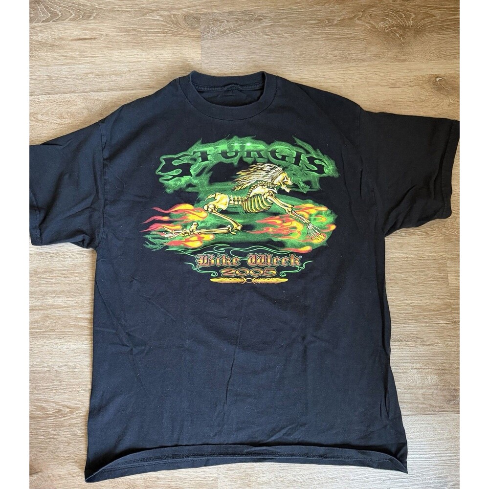 Y2K Sturgis 2005 Bike Week Skeleton Green Red Flames M/L